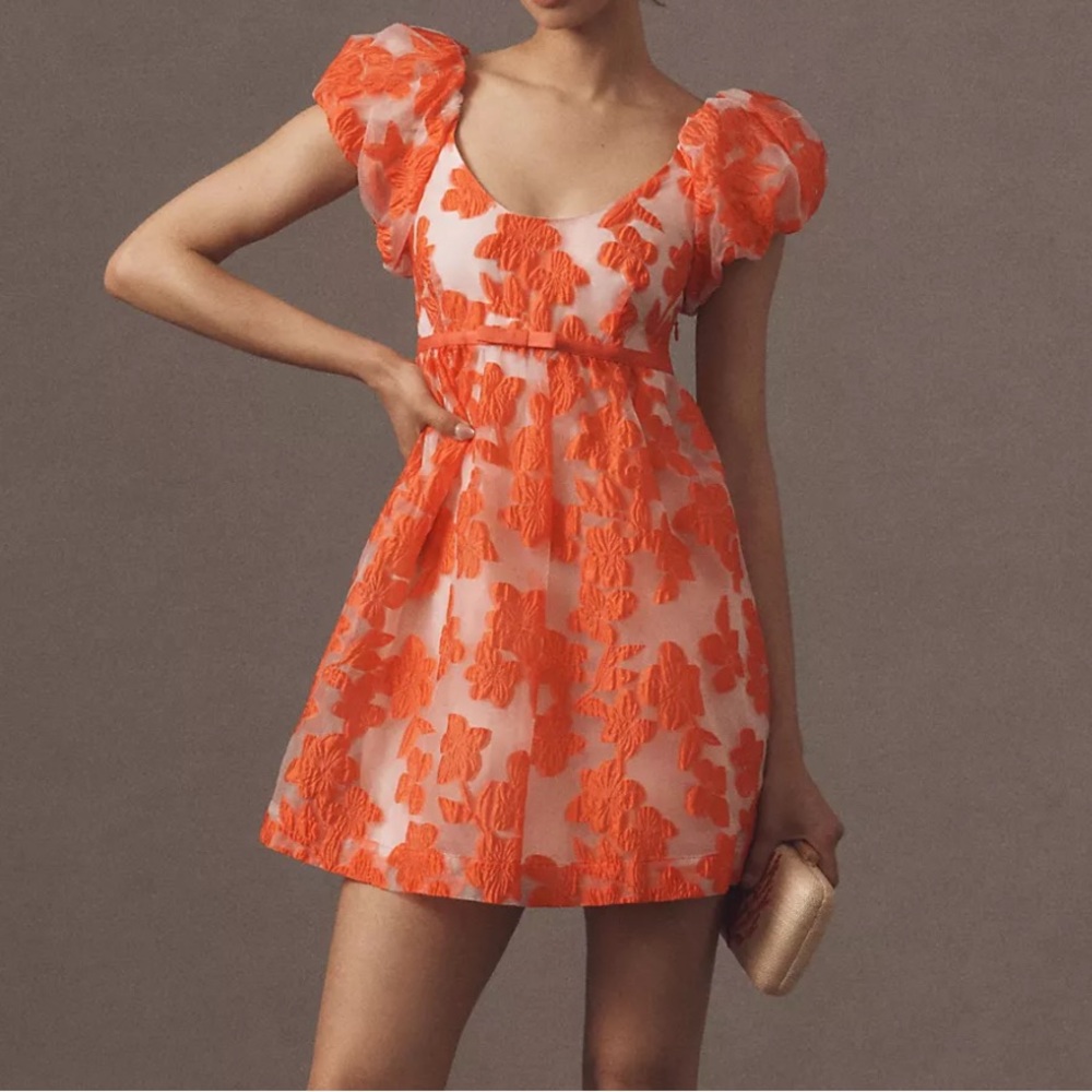 Anthropologie Puff-Sleeve Floral Embroidered Mini Dress In Orange Size XS NEW